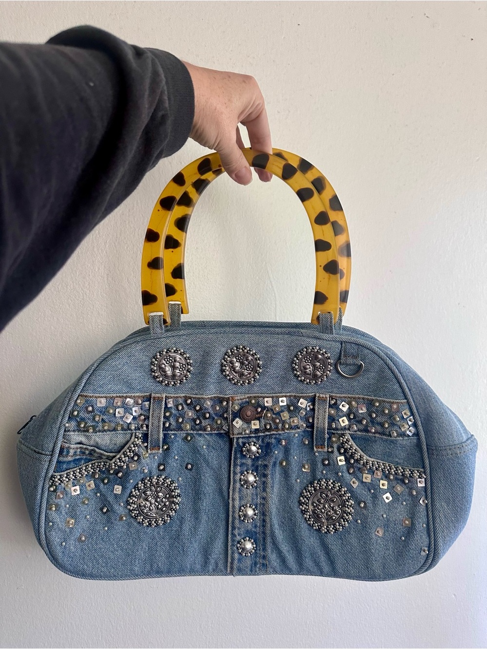 Vintage Custom Embellished Levi’s Large Handbag with Tortoiseshell Handles